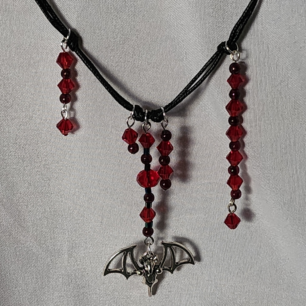 Handmade Gothic Red Crystal, Genuine Garnet and Silver Bat Pendant Necklace - Picture 9 of 14